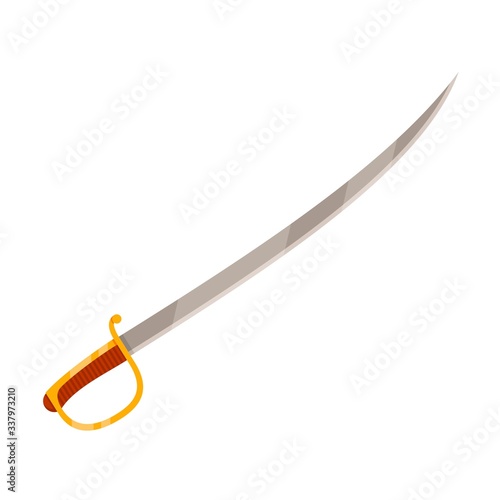 Cavalry saber with gold handle isolated on white background. Steel arms, medieval weapon. Vector illustration