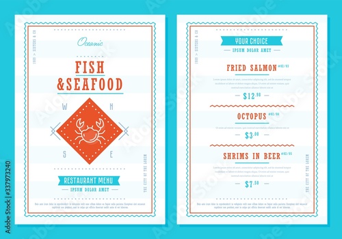 Seafood menu design. Fish restaurant menu layout design brochure or food flyer template. Seafood brochure, fish cafe template design.