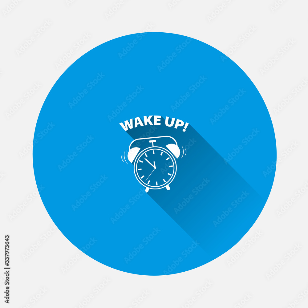 Vector icon ringing alarm clock with inscription wake up icon on blue background. Flat image with long shadow. Vector icon ringing alarm clock with inscription wake up icon on blue background. Flat image with long shadow.