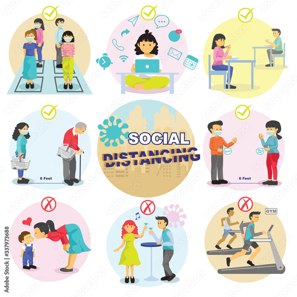 Fototapeta premium Flat design social distancing concept for preventing coronavirus covid-19, people wearing mask keep distance away