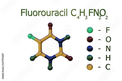 Structural chemical formula and molecular model of fluorouracil, an anti-cancer (antineoplastic or cytotoxic) chemotherapy drug. Medical background. Scientific background. 3d illustration photo