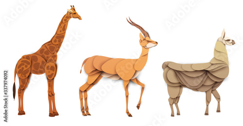 Set of cartoon wild animal in trendy paper cut craft graphic style. Giraffe, antelope, llama. Modern design for advertising cover, poster, banner. Vector illustration