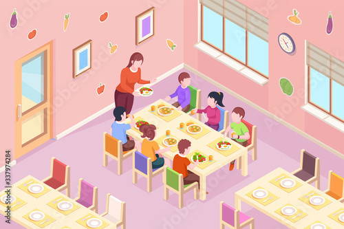 Children at kindergarten having meal. Kids teacher bringing healthy food at dinner or breakfast time. Classroom with boys and girls at eat table. Dining room interior design. Preschool illustration