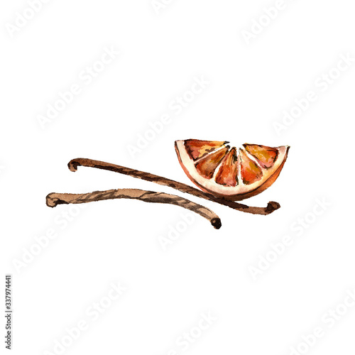 illustration on a white background isolated slice of lemon and cinnamon sticks for dessert decoration, spices