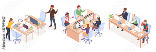 Set of vector signs design for telemarketing or telesales, e-commerce or online sale company. Call center or customer support, assistance service. Helpline with man and woman calling. Trading