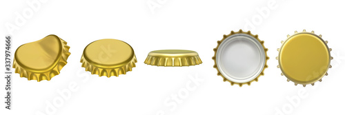 Realistic beer or lemonade bottle cap, metallic lid for glassware bottle of drink. Set of top and bottom, side view on container cover with dent. Beverage and drinking, fluid vector objects design