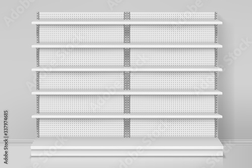 Front view on shop or store shelves. Counter design with dots. Empty or blank mall showcase. Mockup of retail display stand or mock up of exhibition shelf. Indoor metal rack for expo. Retail, shopping