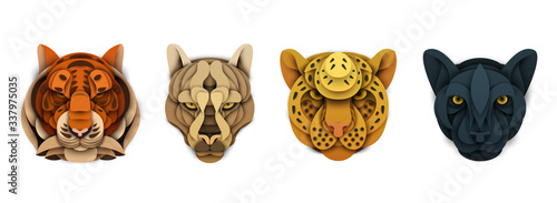 Set of cartoon wild animal head in trendy paper cut craft graphic style. Tiger, cougar, leopard, panther. Modern design for advertising cover, poster, banner. Vector illustration