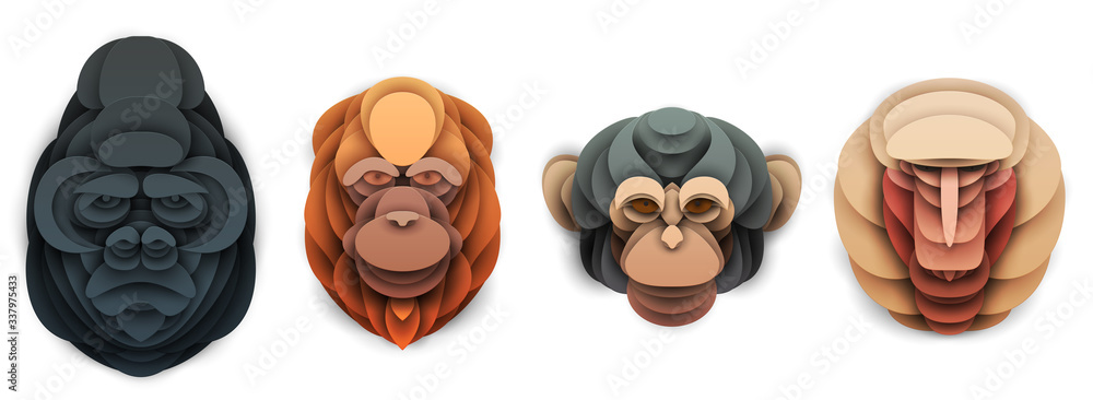 Set of cartoon wild monkey head in trendy paper cut craft graphic style. Gorilla, orangutan, chimpanzee, baboon. Modern design for advertising cover, poster, banner. Vector illustration