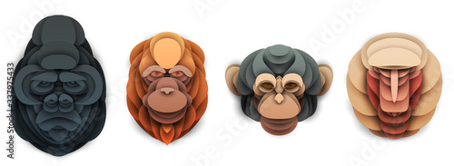 Set of cartoon wild monkey head in trendy paper cut craft graphic style. Gorilla, orangutan, chimpanzee, baboon. Modern design for advertising cover, poster, banner. Vector illustration