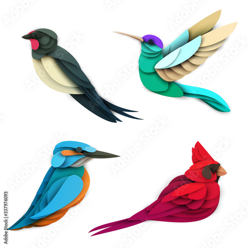 Set of cartoon colorful birds in trendy paper cut craft graphic style. Swallow, hummingbird, red cardinal, king fisher. Modern design for advertising cover, poster, banner. Vector illustration