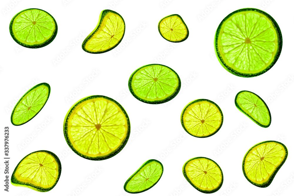 Different style lime lemon slice. Lime slices perspective views isolated on white background.