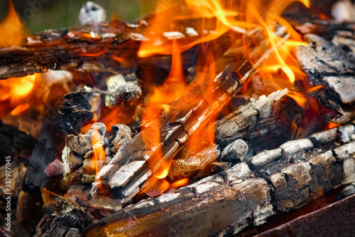 a Fire with coals and fire on nature picnic background. Burns out a bonfire for food on the street