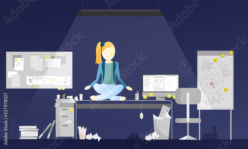 Business woman is doing yoga pose to relax and prevent a burnout after a very busy day at the office. Health and Safety concept.