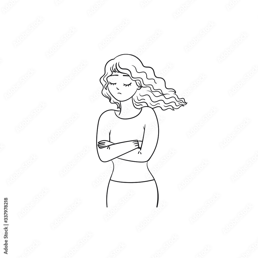 Black-white young woman is sad on a white background.The sad girl crossed her arms over her chest.The concept of depression, bullying, loneliness, isolation.Isolated vector stock illustration. Black-white young woman is sad on a white background.The sad girl crossed her arms over her chest.The concept of depression, bullying, loneliness, isolation.Isolated vector stock illustration.