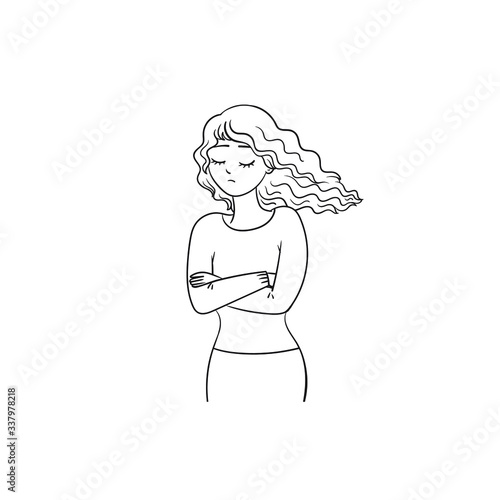 Black-white young woman is sad on a white background.The sad girl crossed her arms over her chest.The concept of depression, bullying, loneliness, isolation.Isolated vector stock illustration.