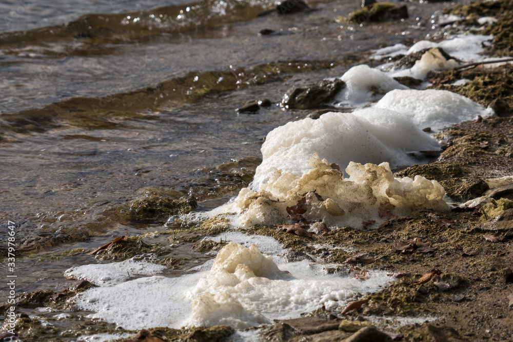 Unknown suspicious white foam in the Ullibarri-Gamboa drinking water reservoir, Alava, Basque Country, Spain, November 24, 2018 Unknown suspicious white foam in the Ullibarri-Gamboa drinking water reservoir, Alava, Basque Country, Spain, November 24, 2018