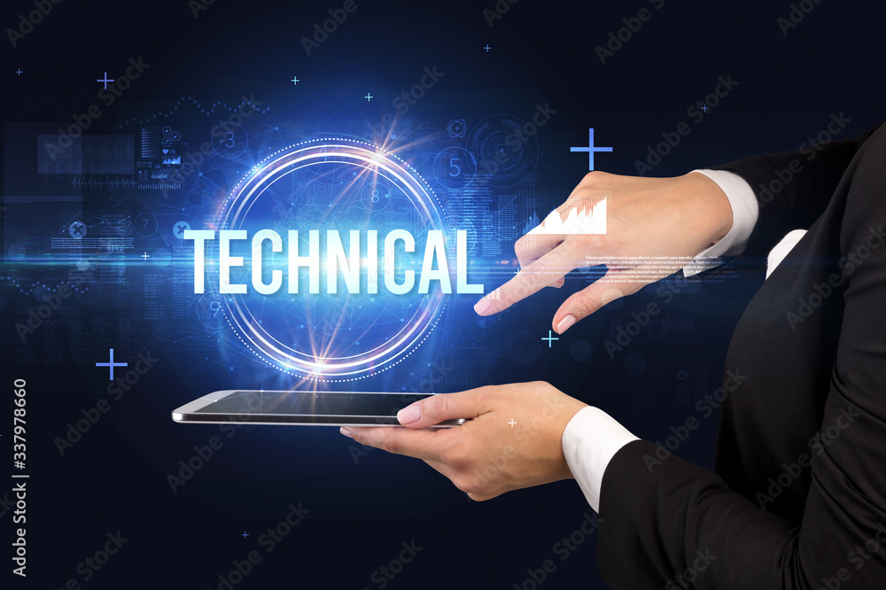 Close-up of a touchscreen with TECHNICAL inscription, new technology concept Close-up of a touchscreen with TECHNICAL inscription, new technology concept