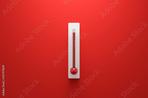 Blank template of Celsius and Fahrenheit thermometer on red background with high temperature or summer concept. 3D rendering. photo