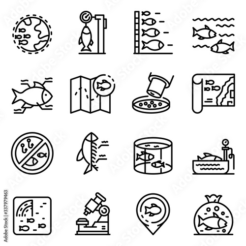 Ichthyology icons set. Outline set of ichthyology vector icons for web design isolated on white background