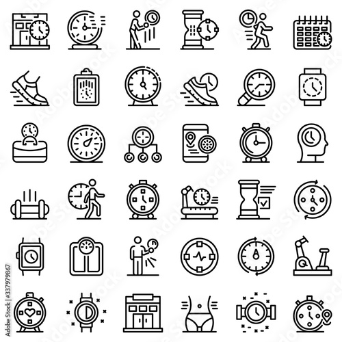 Gym time icons set. Outline set of gym time vector icons for web design isolated on white background