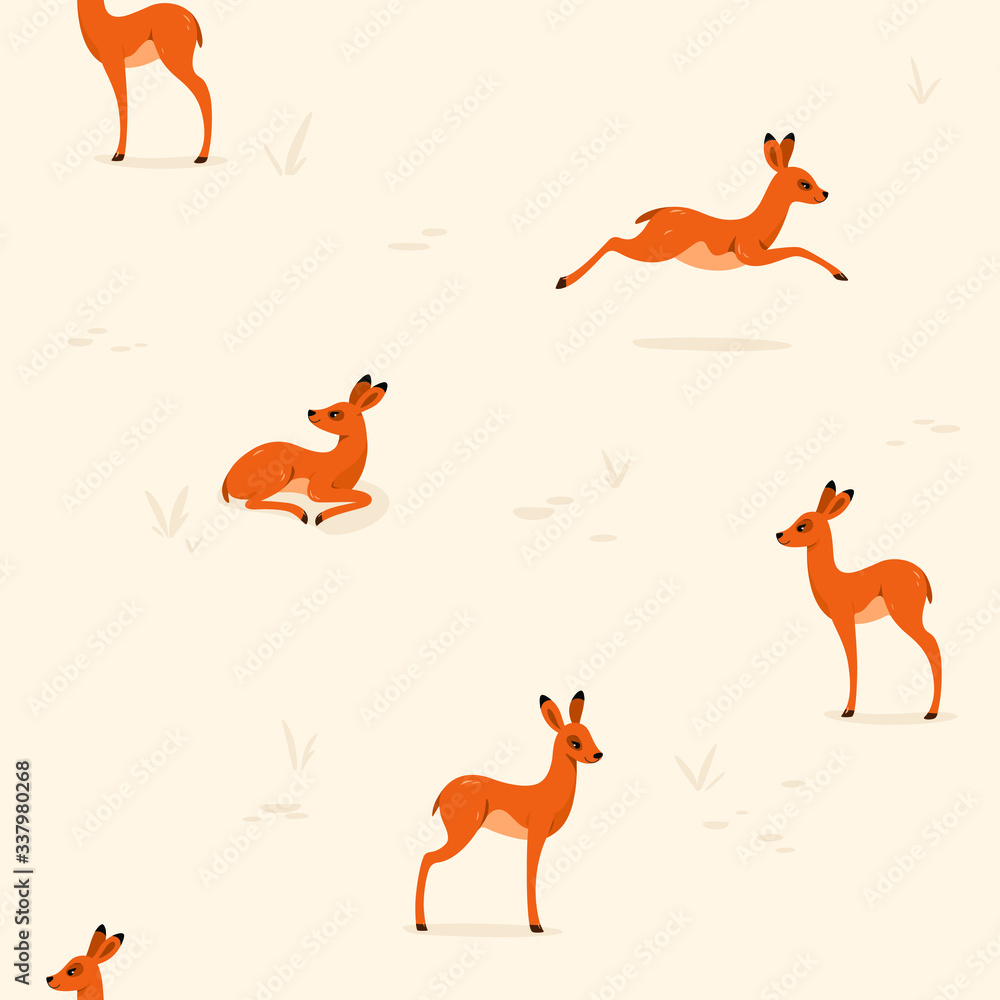 Simple seamless trendy animal pattern with deer. Cartoon vector illustration.