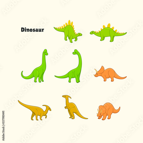 Cartoon animal characters. Set of dinosaurs - ceratops, parasaurolophus, brachiosaurus, stegosaurus. © Lili Kudrili