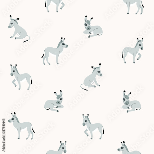 Simple seamless trendy animal pattern with donkey. Cartoon vector illustration.