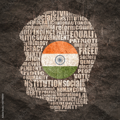 Head of man filled by word cloud. Words related to politics, government, parliamentary democracy and political life. Flag of the India photo