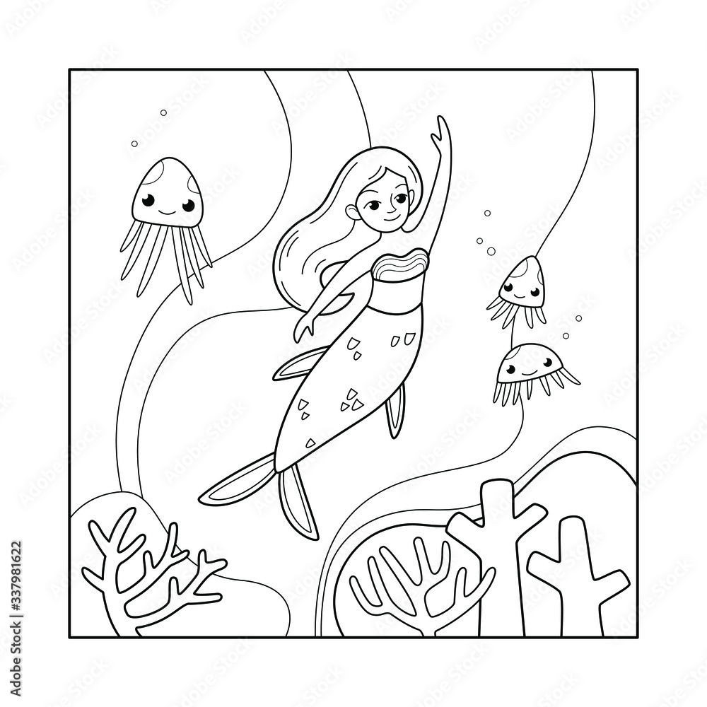 Fototapeta premium Cute mermaid cartoon character with jellyfish, vector illustration. Coloring book for kids.