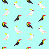 Simple trendy pattern with bird toucan and cockatoo on blue background. Cartoon bird character.