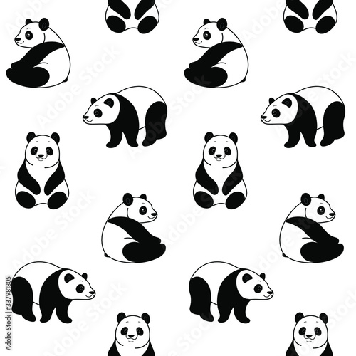 Cartoon happy character - trendy seamless pattern with panda. Flat vector illustration.