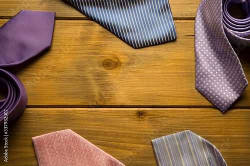 Wallpaper Mural High Angle View Of Colorful Neckties On Wooden Table