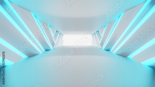 Futuristic Tunnel Empty. Illuminated corridor interior design, Neon Glowing Lights, 3D Rendering Illustration
