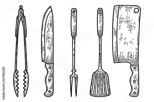 Set of illustrations of kitchenware in engraving style. Kitchen knife, fork, meat cleaver. Design elements for logo, label, sign, poster, t shirt. Vector illustration