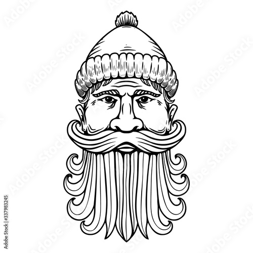 Illustration of lumberjack head in engraving style. Design element for logo, label, emblem, sign, badge. Vector illustration