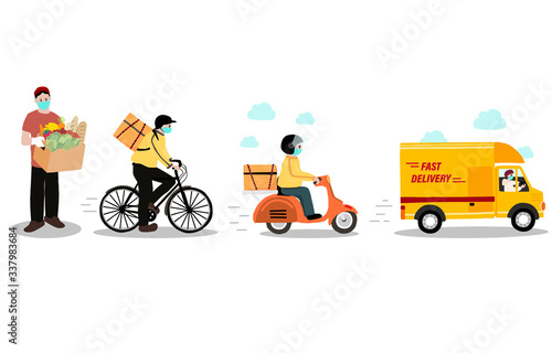 Online delivery contactless service to home,office by bicycle,motorcycle,truck. delivery man is waring mark to prevent coronavirus