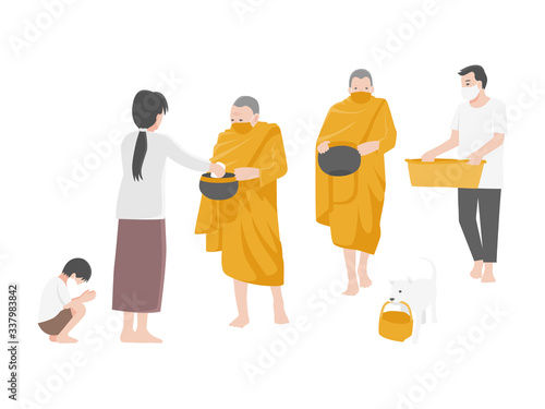 Give alms, People Make merit by offering food to monks and wearing a surgical protective Medical mask for prevent Corona virus. Health care concept.