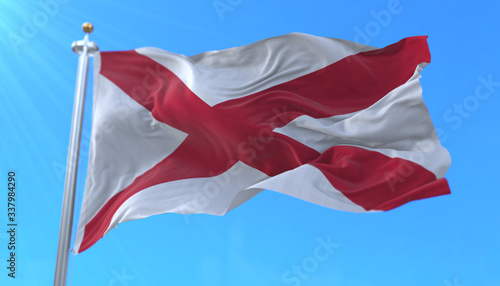 Flag of Alabama state, region of the United States, waving at wind