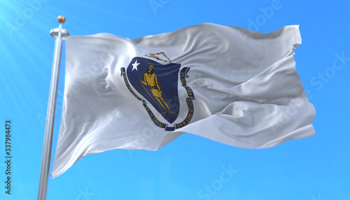 Flag of american state of Massachusetts, region of the United States, waving at wind photo