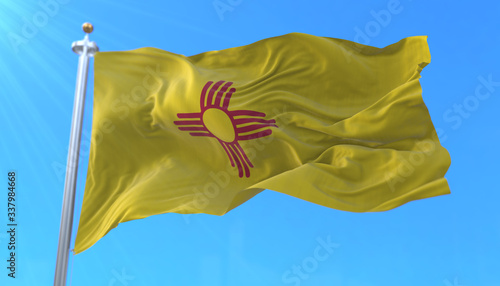 Flag of american state of New Mexico, region of the United States, waving at wind photo