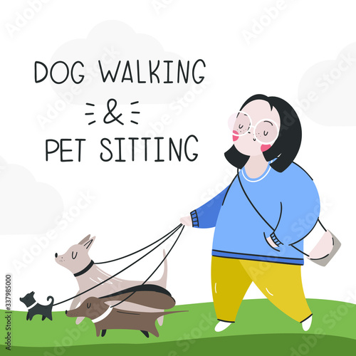 A girl walks with dogs. Animal walking services. Sitter for dogs, color vector illustration in flat style
