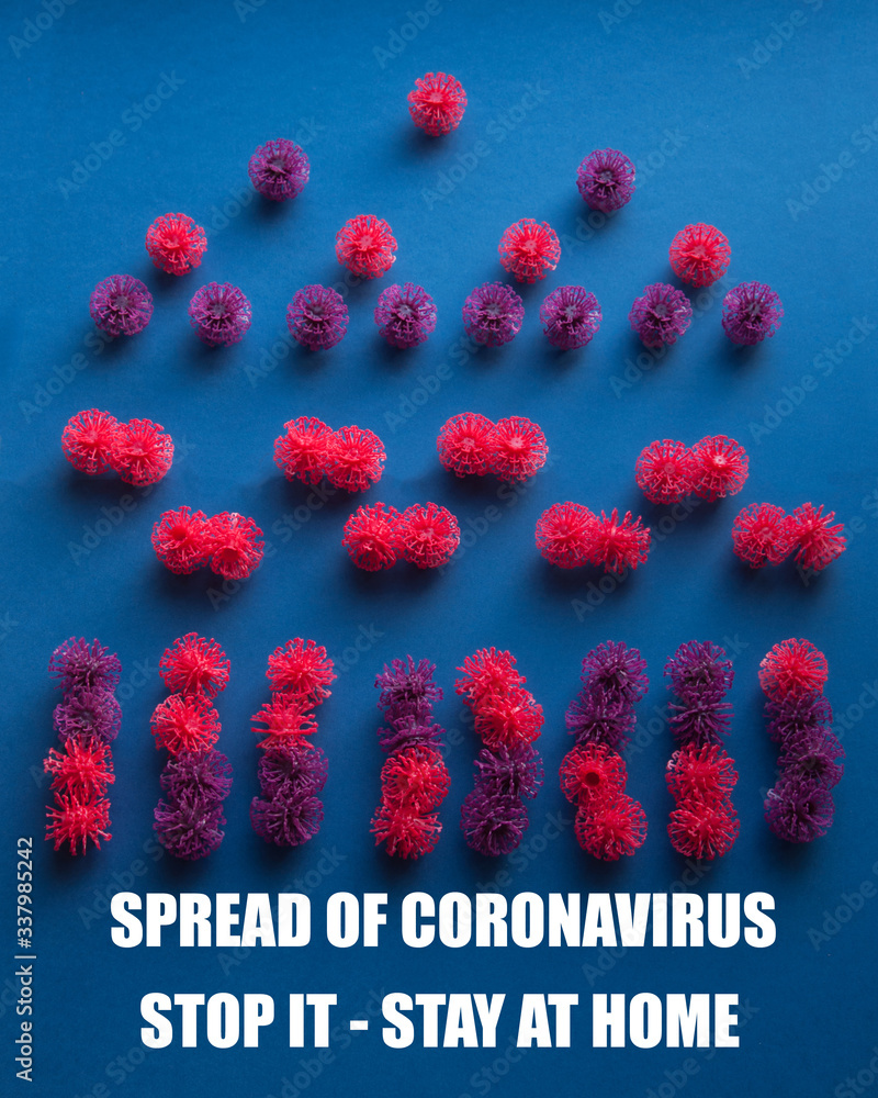 Coronavirus plastic models COVID-19 spread scheme with inscription Spread of coronavirus Stop it - Stay at home. Sars-cov-2 pandemic concept COVID-19 pandemic concept 
