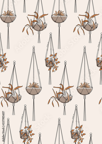 Macrame home plant hanger seamless pattern  background. Boho rustic style hand-made crochet. Scandinavian design