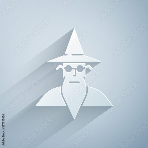 Paper cut Wizard warlock icon isolated on grey background. Paper art style. Vector Illustration