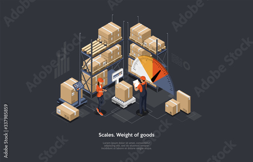 Isometric Warehouse Weighting And Sort Goods Concept. Infographic Elements Representing Industrial Warehouse Building Interior With Working Staff Weighing Cargo Objects on Scales. Vector illustration