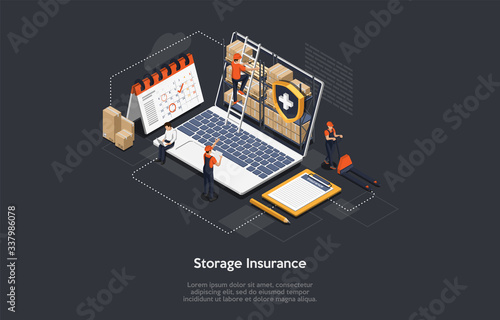 Isometric Cargo Insurance Concept. Workers Work In Warehouse, Storage Goods, Sort And Give Out Cargo Avoiding Of Insurance Event. Cargo Insurance Policy. Safe Storage Guarantee. Vector Illustration