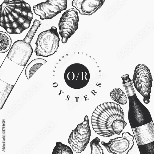 Oysters and wine design template. Hand drawn vector illustration. Seafood banner. Can be used for design menu, packaging, recipes, label, fish market, seafood products.