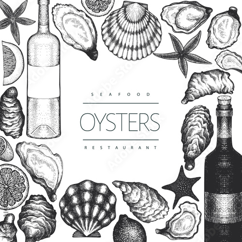 Oysters and wine design template. Hand drawn vector illustration. Seafood banner. Can be used for design menu, packaging, recipes, label, fish market, seafood products.
