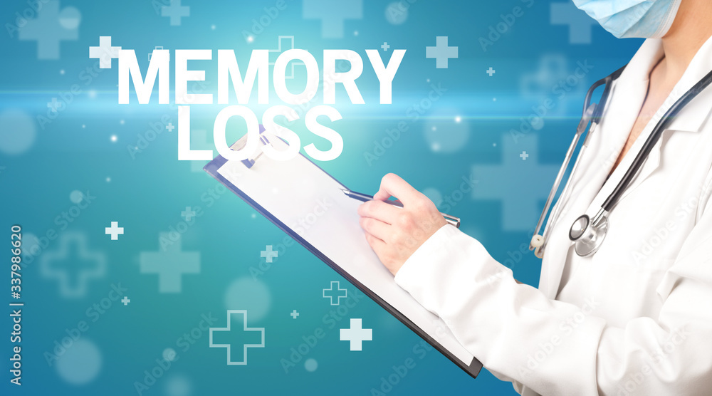 doctor writes notes on the clipboard with MEMORY LOSS inscription, first aid concept